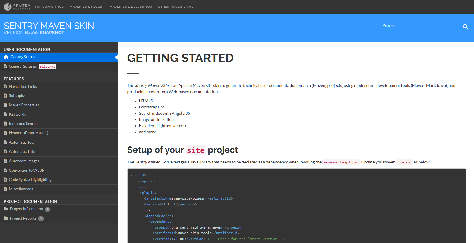 Screenshot of an example Maven project using the Sentry Maven Skin to build its site.